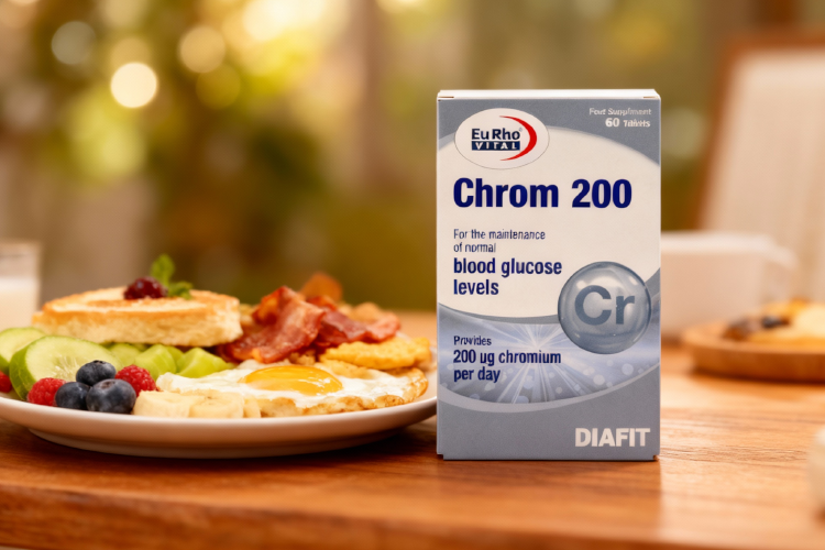 قرص کروم یوروویتال کنار صبحانه سالم